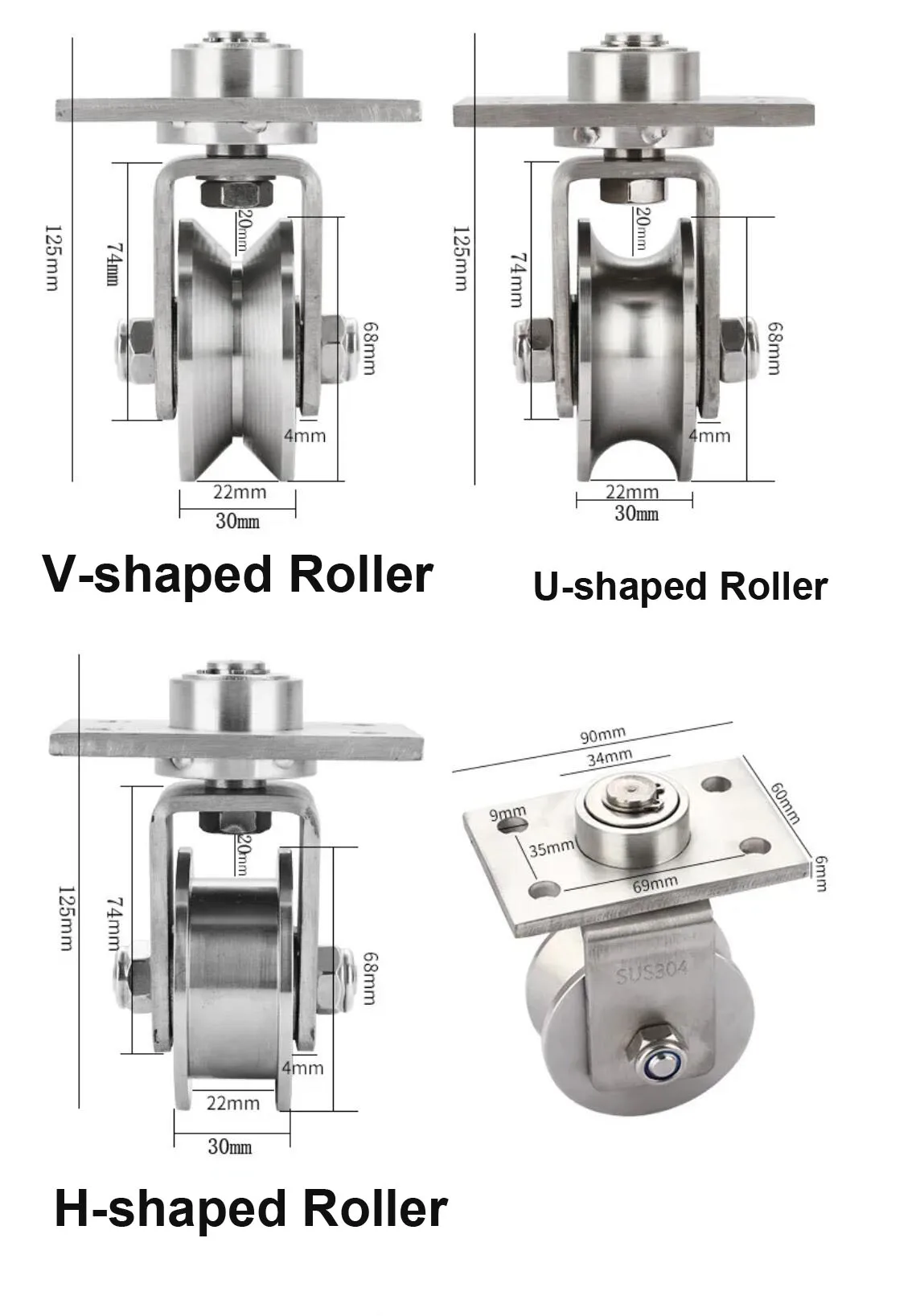 3 Inches 304 Stainless U V H Groove Sliding Gate Rollers with Plate for Swing G
