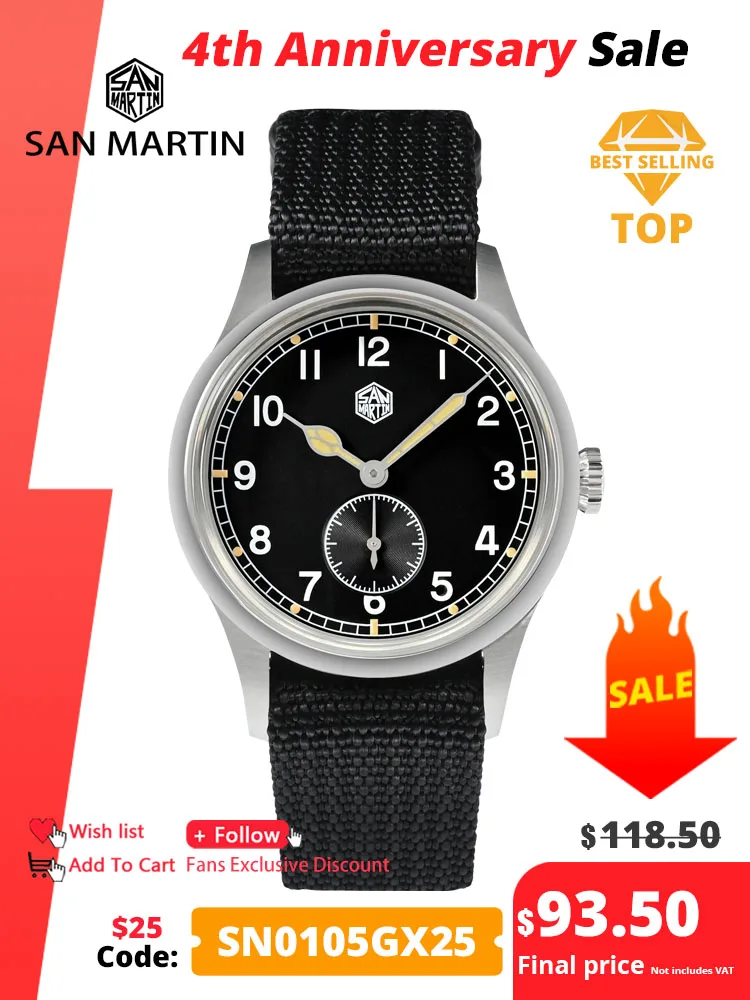 San Martin 36Mm Pilot Watch Ronda 6004 Movimento Al Quarzo Stile Semplice Flieger Orologio Da Polso Da Uomo Cinturino In Nylon Luminoso Sn0105 Aviator