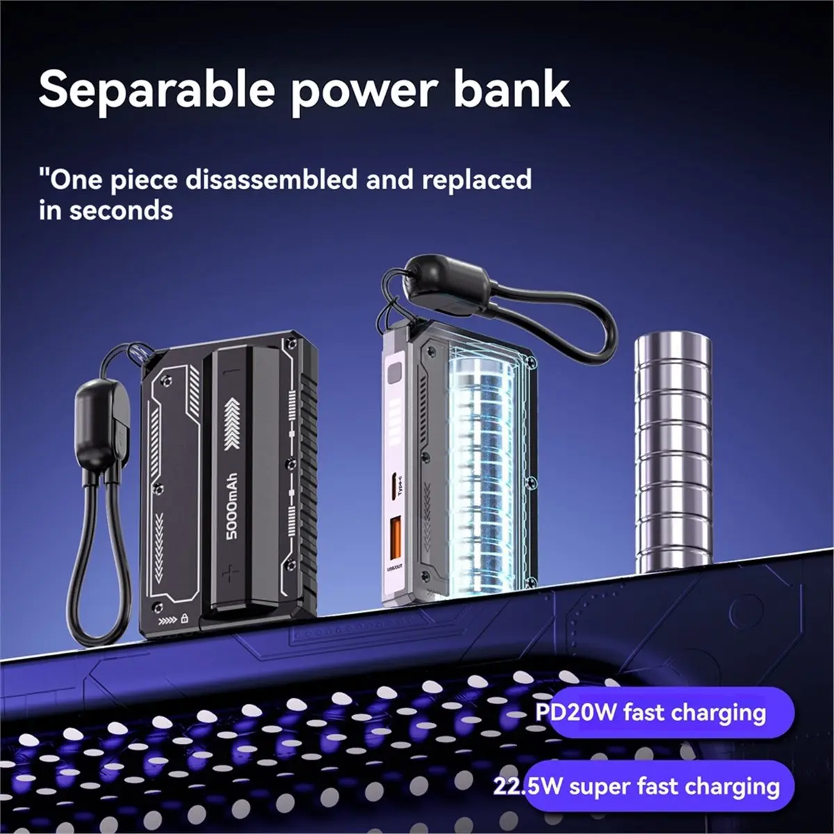 ABGN DIY 21700 보조 배터리 케이스 PD 20W 고속 충전 분리형 케이블 분리형 보조 배터리(배터리 없음) 그레이