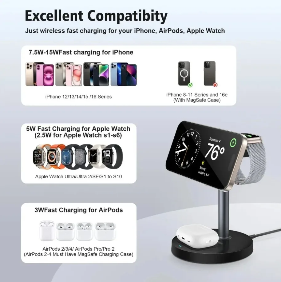 3 in 1 Travel Magnetic Wireless Charger Stand Fast Charging for Magsafe iPhone 17/16/15/14/13/12 Apple Watch 9 AirPods Pro 4/3
