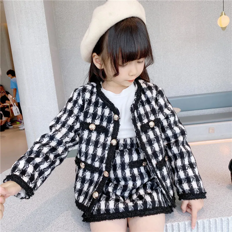 

Childrens Set Clothing Spring Girls Lattice Coat Skirt Two Piece Round Collar Simple Open Stitch Button Fashion 2023 New