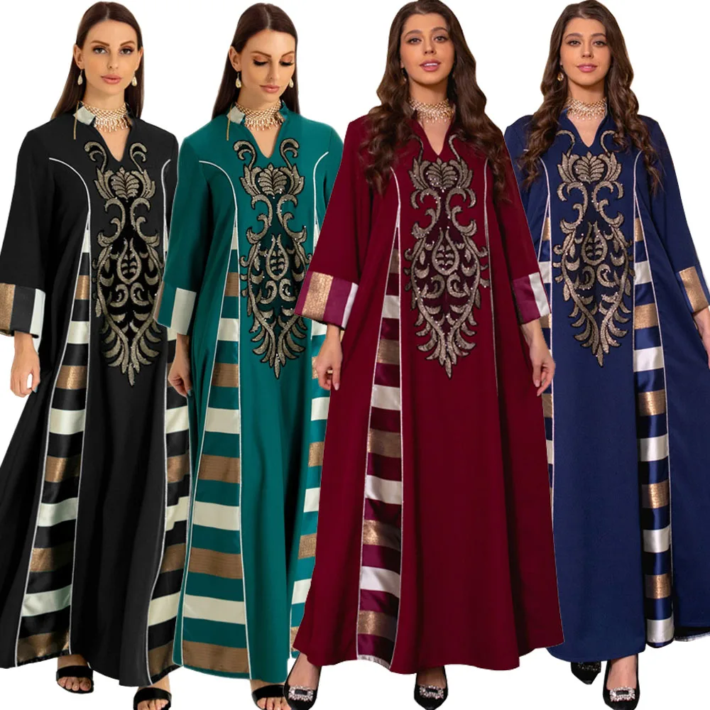 

Moroccan Stripe Embroidery Abaya Women Muslim Long Maxi Dresses Turkey Arab Kaftan Islamic Party Gown Dubai Eid Ramadan Jalabiya