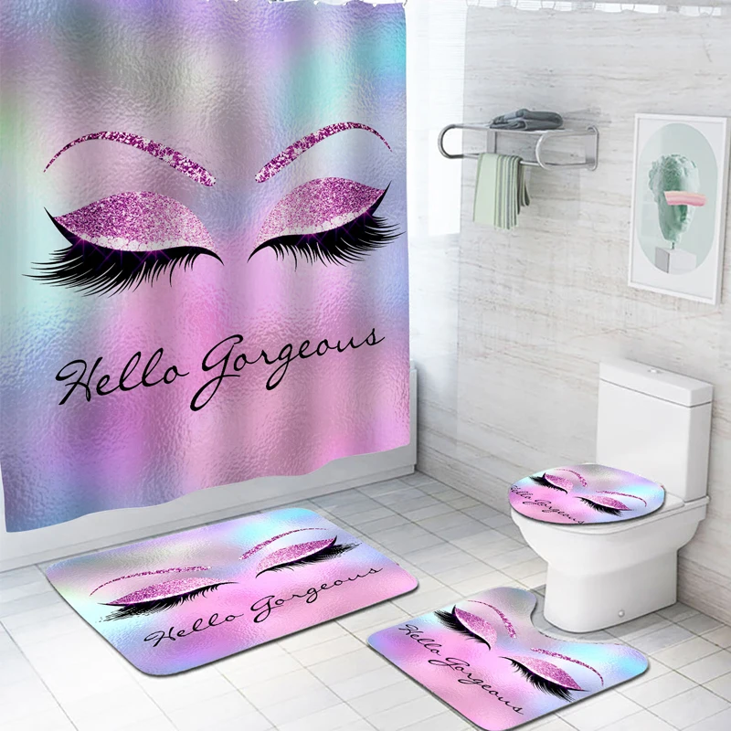 

4PCS Pretty Eyelash Shower Curtain Sets with Rugs Purple Bathroom Decor Bath Curtain Set with Mat and Accessories and 12 Hooks