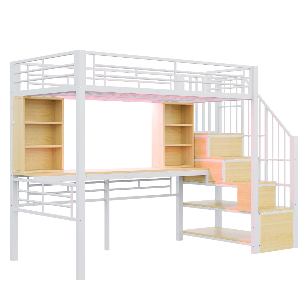 Hochbett 90×200cm, mit Regal, Schreibtisch, Steckdose und LED-Beleuchtung, integriertem Stauraum-Treppenhaus (links/rechts montierbar), Eisenrahmen – Detail 14