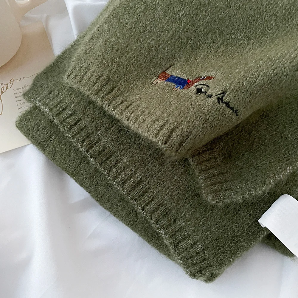 Fresh and Sweet New Winter Knit Wool Small Scarf for Women High - end Dog Embroidery Japanese - Korean Simple Matching