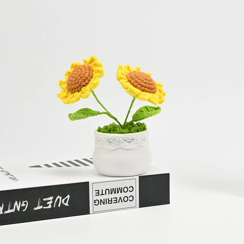 Pianta In Vaso Di Girasole All'Uncinetto, Bonsai Di Fiori Finti, Rosa, Cactus,Anthurium,Calla, Trifoglio, Tulipano, Margherita, Regalo Intrecciato Per