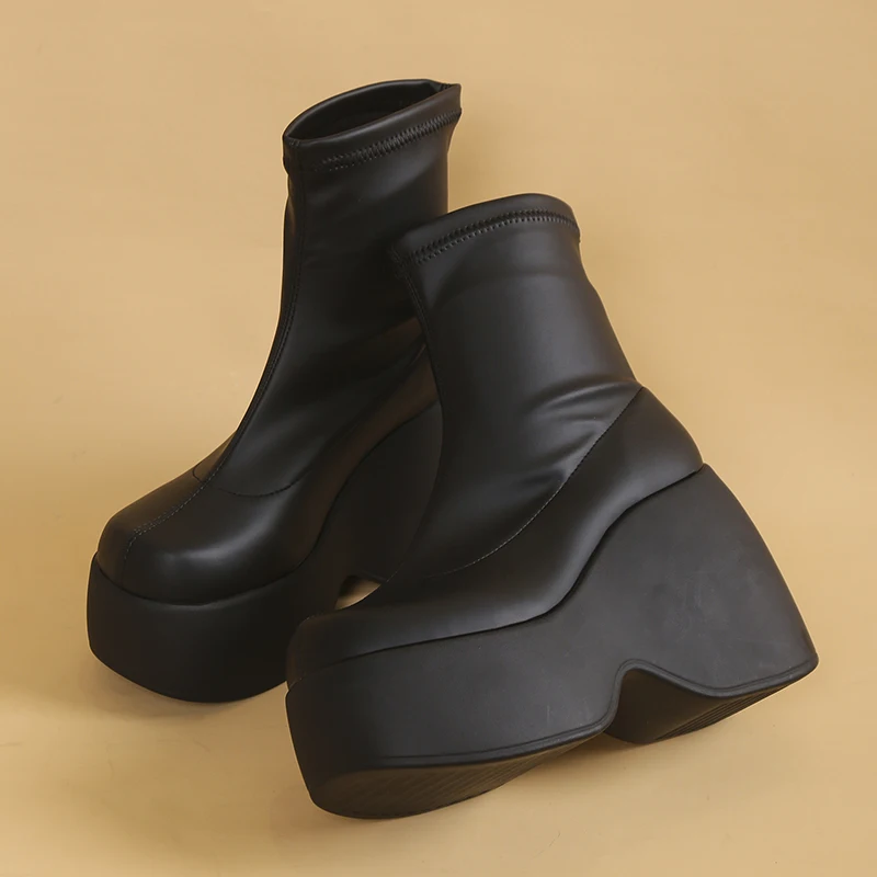 

2023 big size autumn and winter fashion platform women's mid-leg high heel elastic boots Gothic style lean leg women'sankleboots