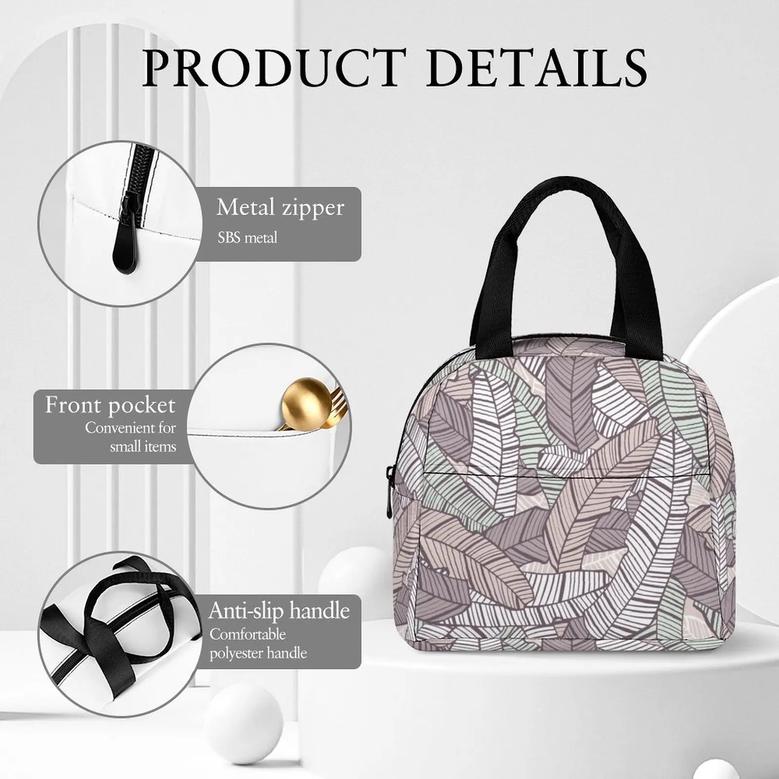 Custom Pattern Tote Lunch Bags for Women Leaf Patchwork Decor Print Portable Meal Bag Picnic Travel Breakfast Box Office School