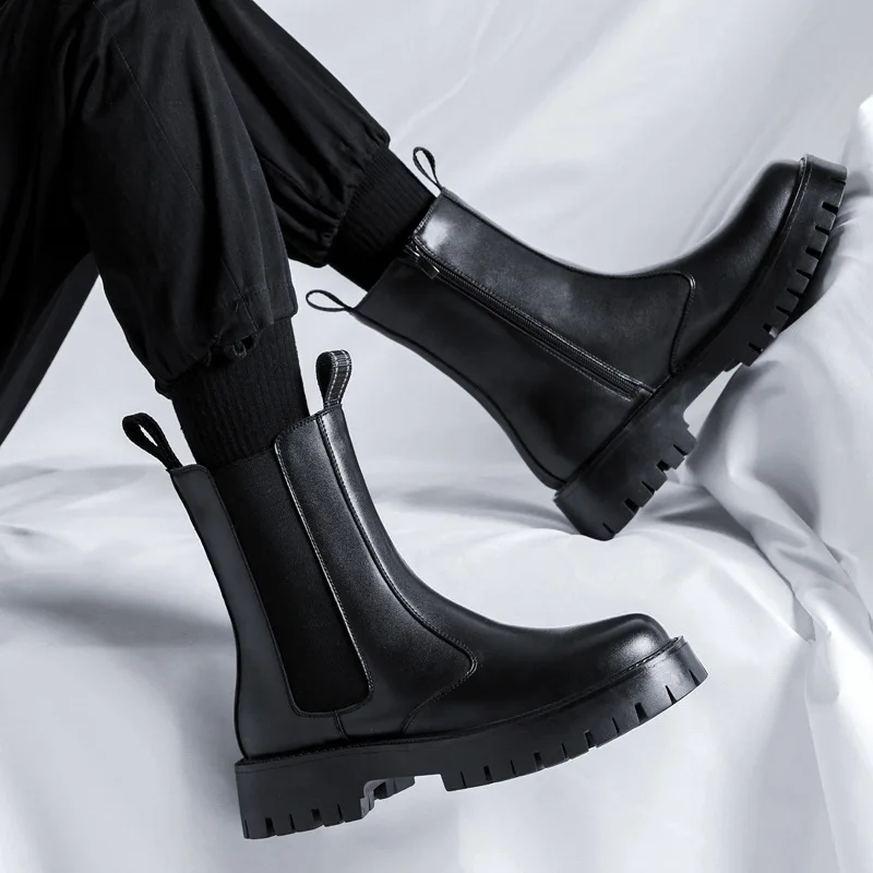 thumbnail image 1 of Botas de hombre estilo Chelsea botines negros trabajo de invierno botines de cuero de caña alta más botas de lana para motocicletas C1175, 1 of 5