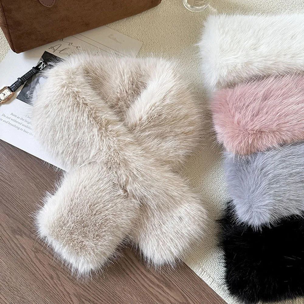 

Winter Warm Cross Collar Scarf For Women Solid Color Faux Rabbit Fur Shawls Thicken Plush Neckerchief Neck Warmer Scarves