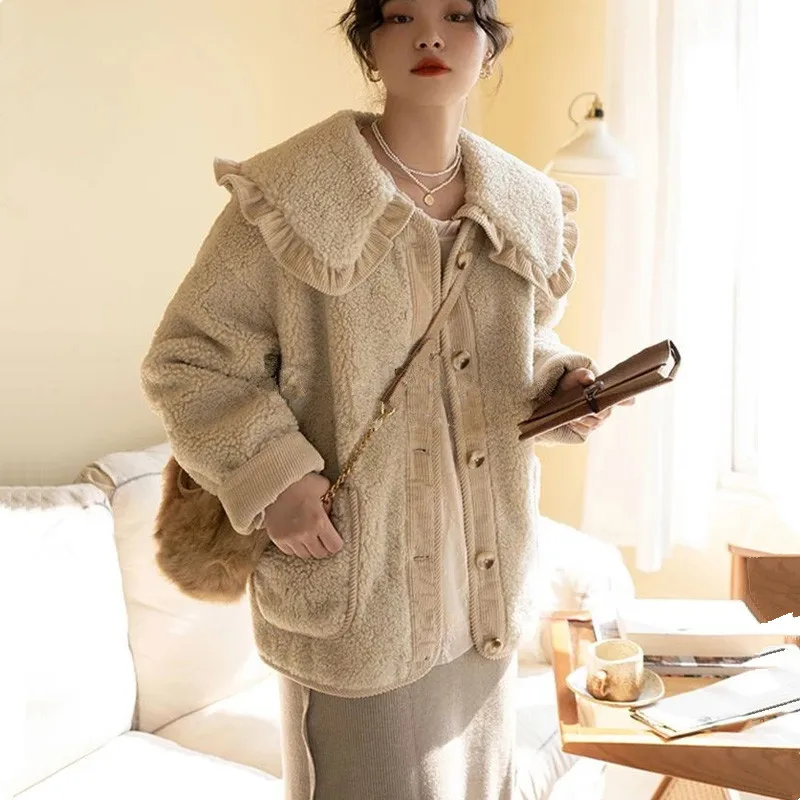 Trendy Korean Fashion Women Loose Cute Lace Ruffled Collar Doll Plush Coat Wool Jacket Autumn Winter Lamb wool coat lamb wool bucket hat trendy