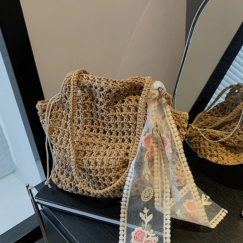 Latest Summer Beach Woven Lace Bow Tote Bag For Women 2-IN-1 Hollow-out Lightweight Large Capacity Shopper Shoulder Bag Female