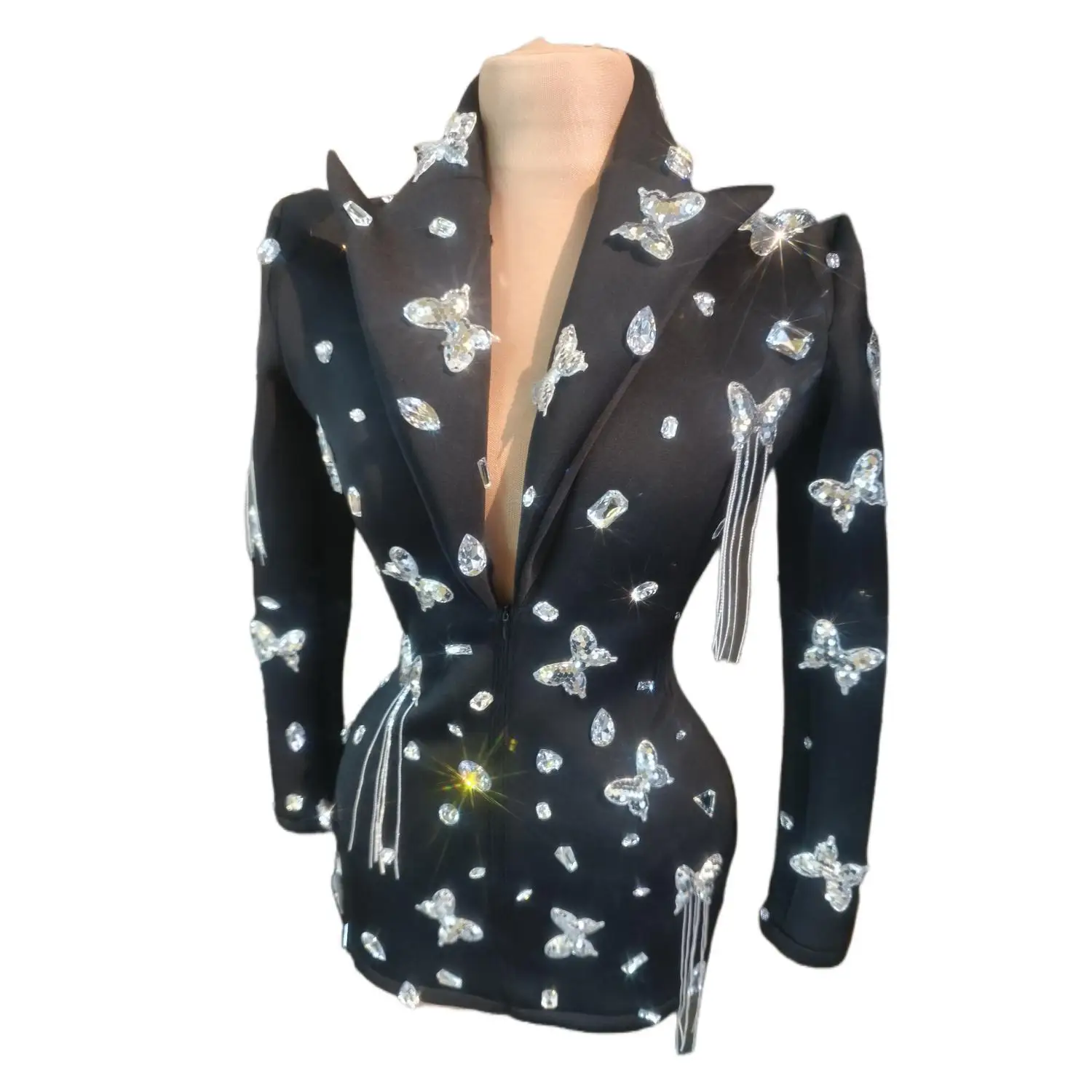 

Fashion Butterfly Sparkly Crystals Jacket Black Club Party Birthday Dress Performance Costume Stage Wear Festival Outfit