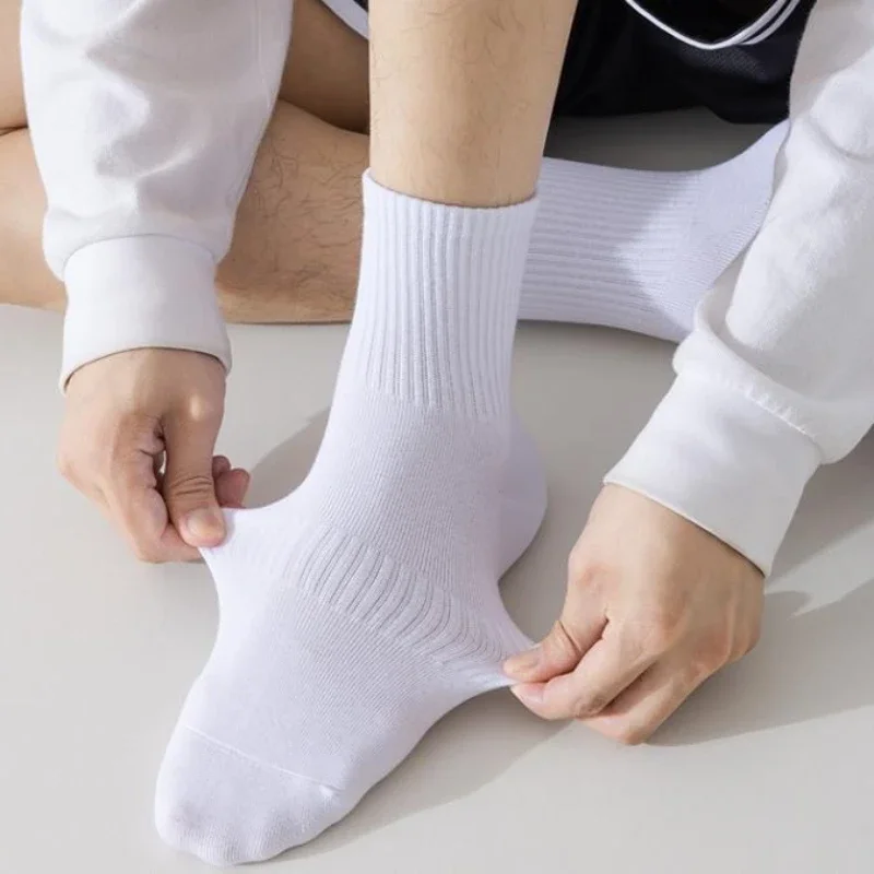5/10 Pairs of Autumn and Winter Male Mid Length Socks, White Anti Odor, Sweat Absorbing, Breathable Men's Sports Sock