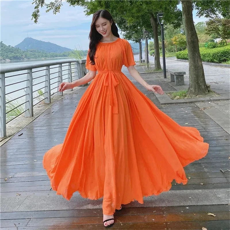 Sweet Lace-up Dress Women's New Summer Beach Chiffon Long Dress Fashion  Loose Plus Size 4XL Shoot Photo Seaside Vacation dresses - AliExpress  200000345