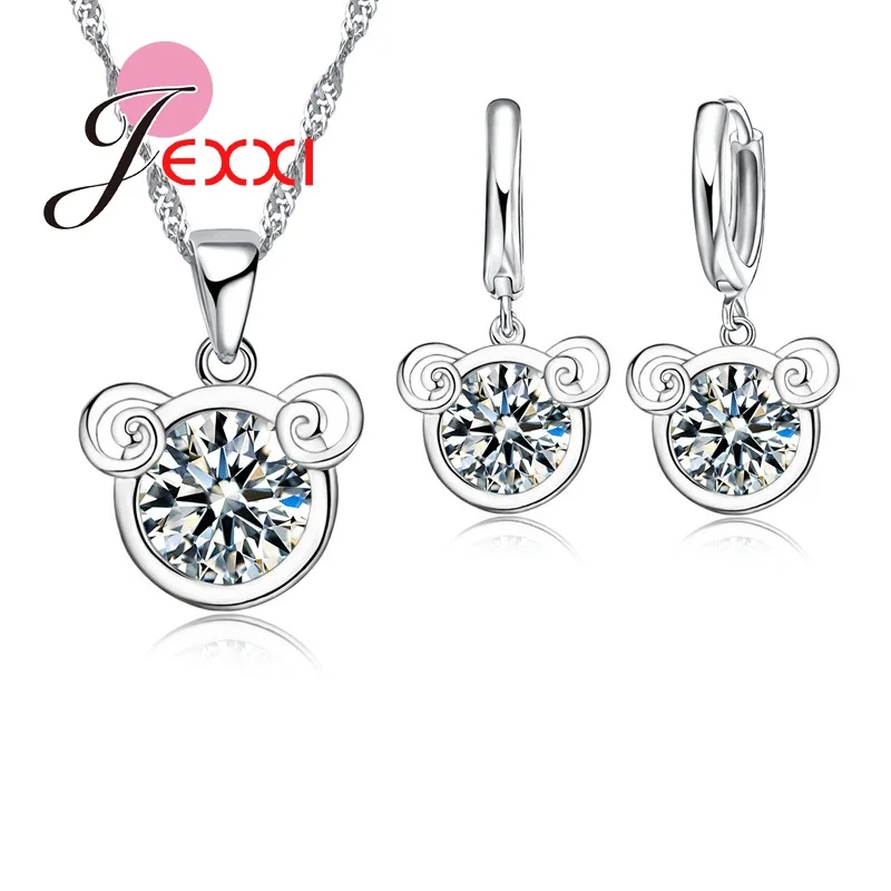 Bear Head Shape Statement Necklace Hoop Earring Set 925 Sterling Silver Pendant Necklace Earrings Jewelry Sets For Woman Girls
