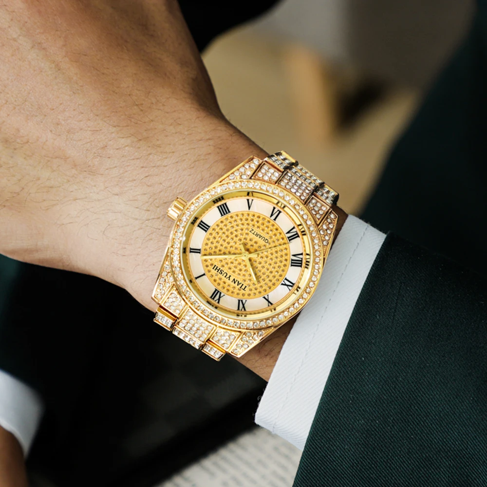 Gold Full Diamond Watch Men Luxury Quartz Round Wristwatch Male Stainless Steel Sliver Clock Round Dial Relogio Masculino Hombre