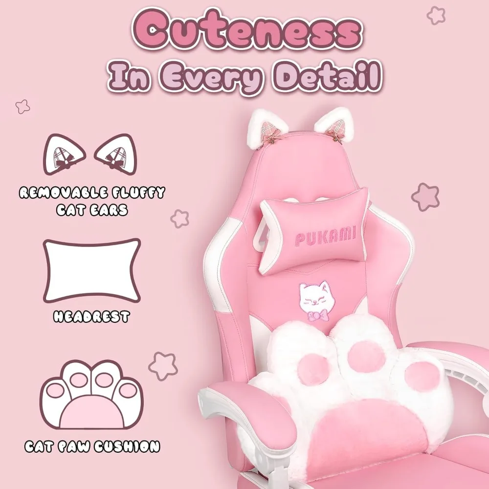 Pink Gaming Chair Cute with Cat Ears and Cat Paw Lumbar Cushion, Ergonomic Computer Chair for Girl with Footrest and Headrest, 3