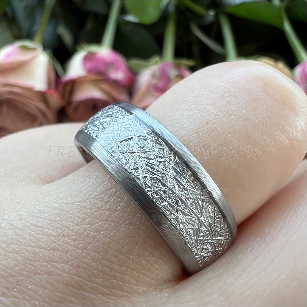 8 mm, 3 Farben, Meteorit-Inlay, Wolframkarbid-Ringe für Männer und Frauen, Ehering, gewölbtes, gebürstetes Finish, bequeme Passform – Detail 15