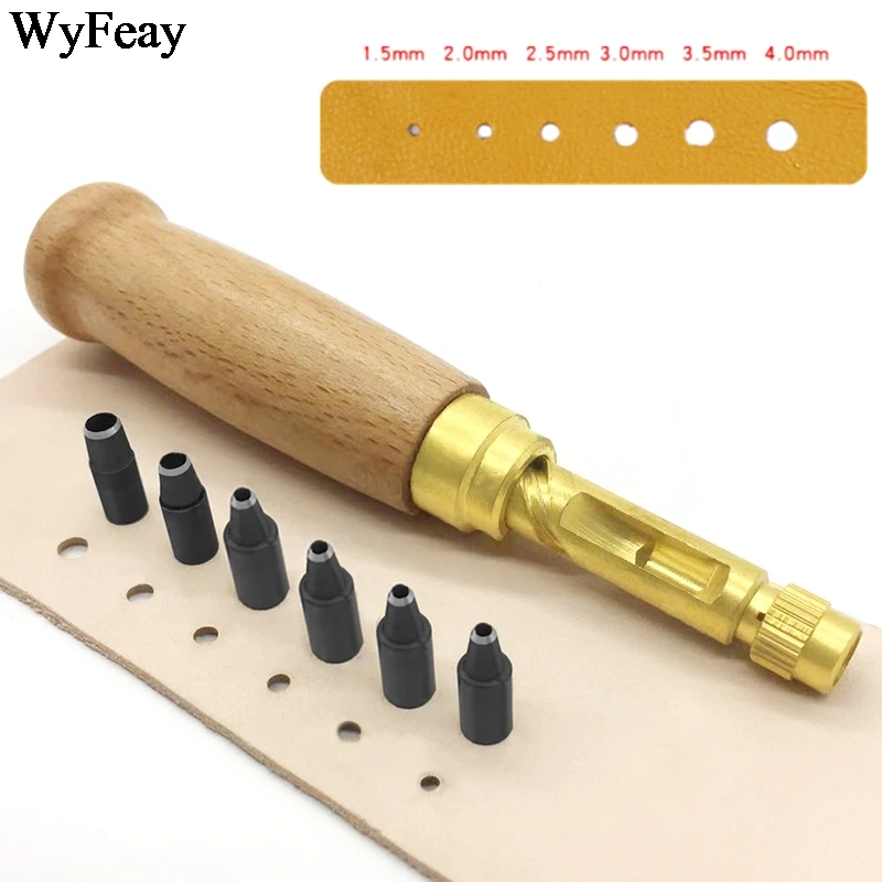 Adjustable Leather Hole Punch Tool - 6 Replaceable Tip Sizes, Automatic Rotary Punch For Belts & Crafts