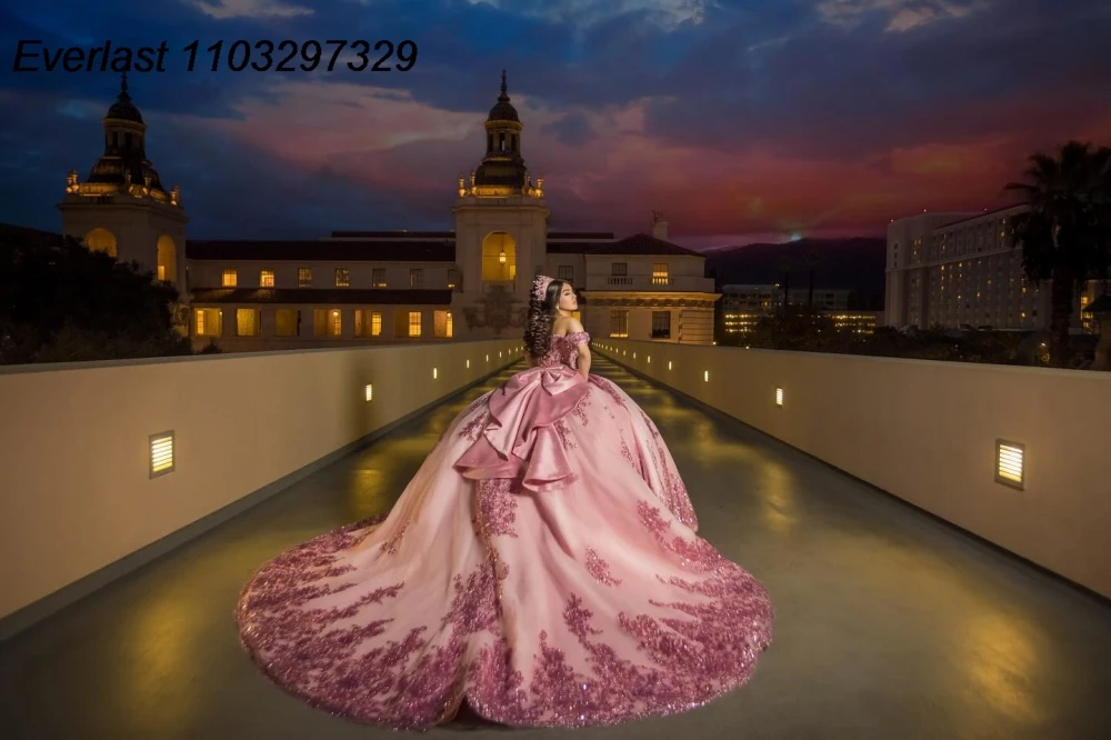 EVLAST Elegant Pink Quinceanera Dress Ball Gown Pink Sequins Lace Applique Beading Bow Corset Sweet 16 Vestido De 15 Anos TQD982