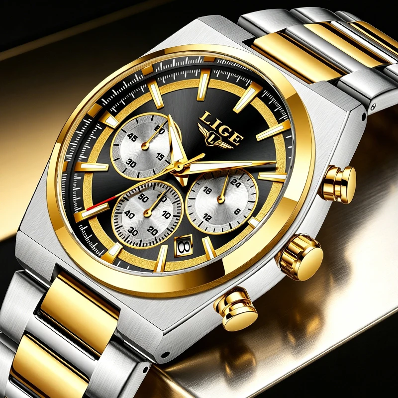 LIGE Men's Waterproof Luminous Quartz Chronograph Sport Watch with Gift Box