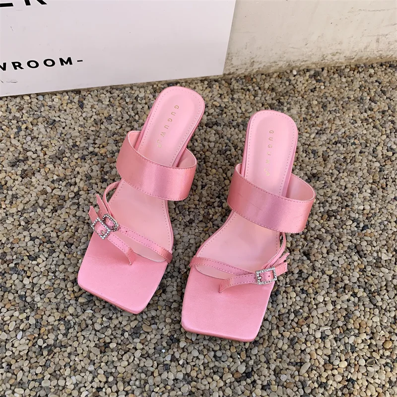 2023 New Rhinestone Transparent Chevron, Square Toe, Thin Heel, High Heeled Sandals, Women's Summer Wear