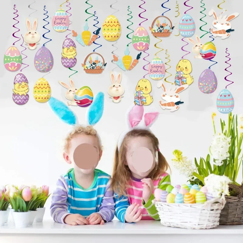 12Pcs Easter Themed Chick Colourful Eggs Rabbit Spiral Streamers Hanging Backdrops for Children Easter Spring Party Decorations