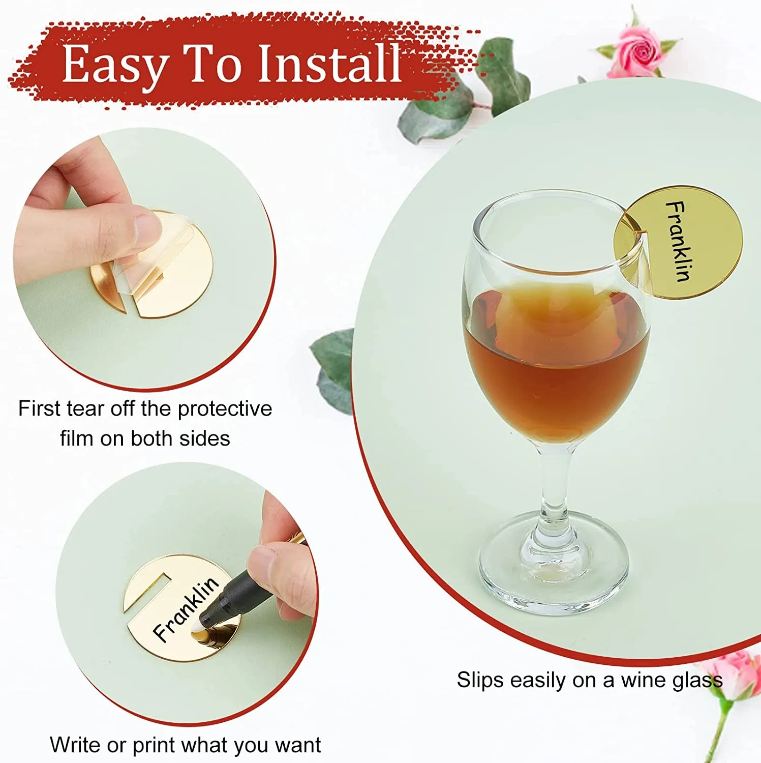 아크릴 원형 칵테일 글라스 참 라운드 음료 태그, 빈 마커, 와인 글라스 참, 결혼식 생일 파티 장식, 골드 및 실버