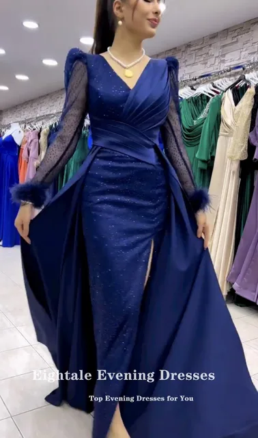 Eightale Navy Blue Prom Dresses for Wedding Satin Arabic Feather Evening Gown Side Slit Mermaid Party Dress robes de soirée 3