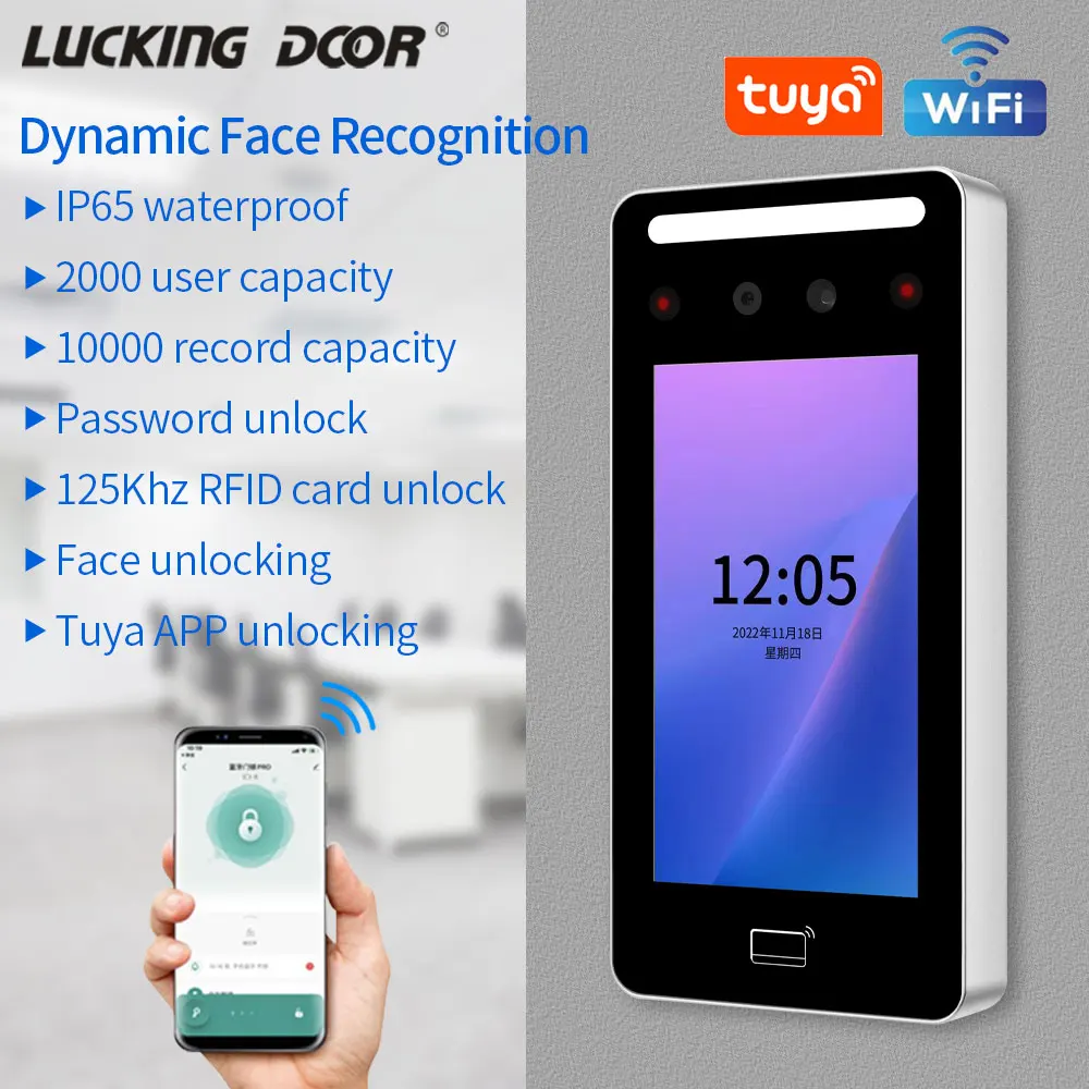 Tuya App IP65 Outdoor Wifi Connection Face Recognition Access Control Terminal 5inch Ssreen Dynamic Living Detection 2000 Users fingerprint face recognition machine
