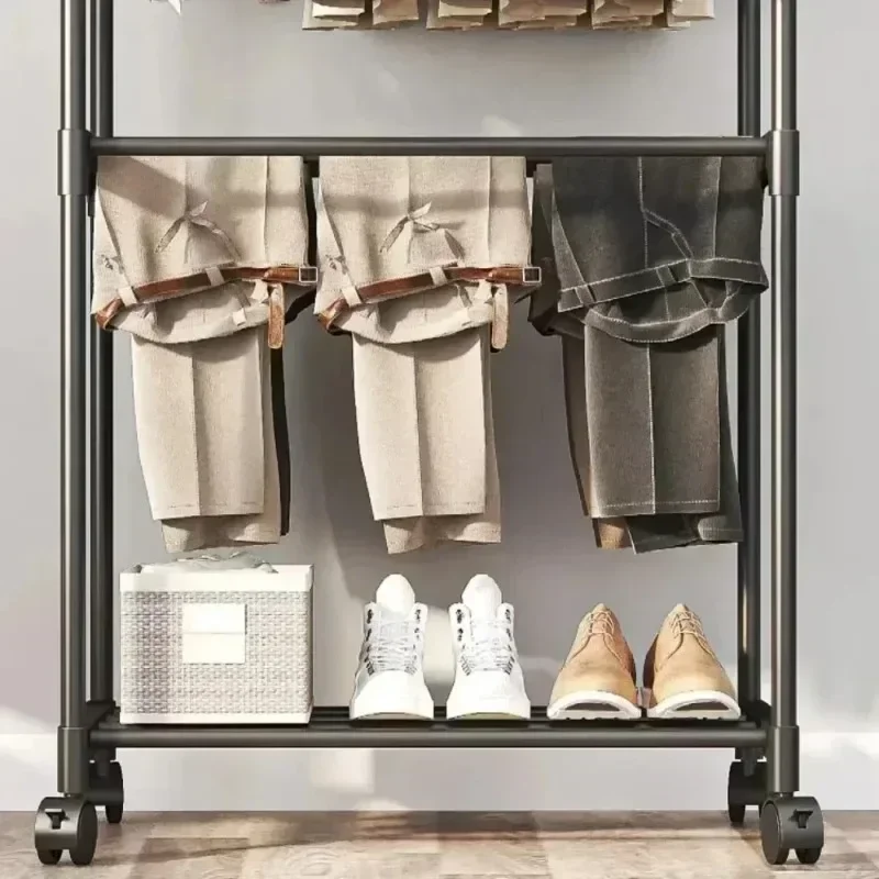 Double Mobile Clothes Hanger Shelf Single Rod Clothes Floor Bedroom Telescopic Floor Hangers Storage Hanger Rack