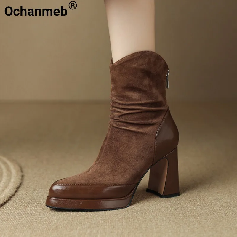 

Ochanmeb Women Kid Suede Boots Winter Maillard Brown Thick High Heels Pleated Zipper Boot Autumn Woman Platform Shoes 33-41 Sexy