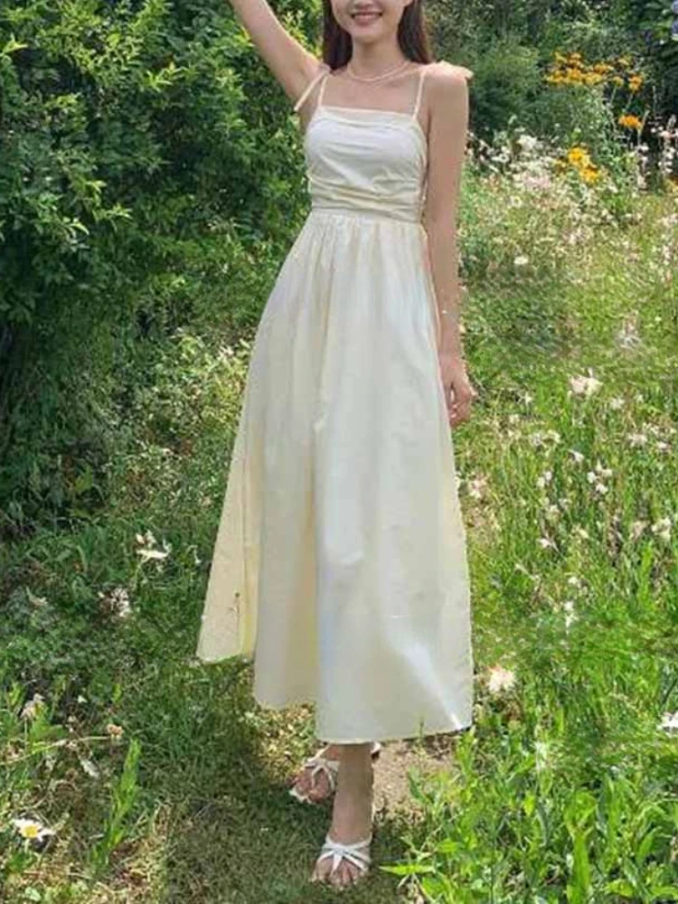 

New Simple Sleevless Bow Spaghettic Straps Casual Ceremonial Dresses Korea Sweet Solid Slim Waist Vestidos Long Elegant Gown