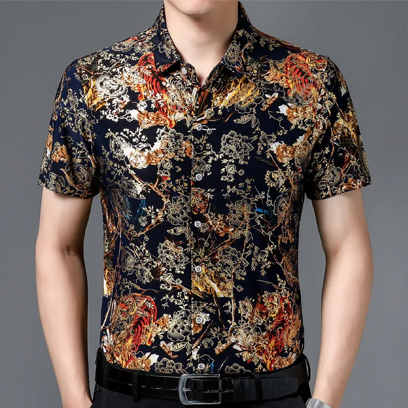 

Hawaiian Style Casual 80% Silk Shirts Men'S Short Sleeve Both Sides Chinese Nation Flower 2023 Beach Summer Clothes