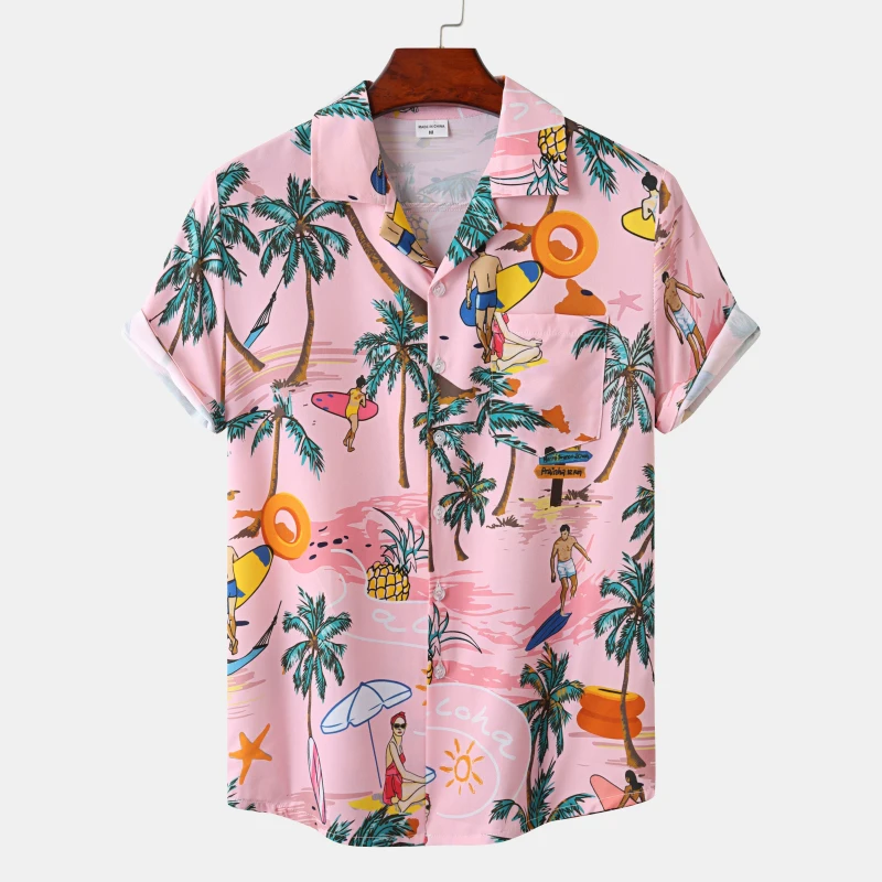 Casual Short Sleeved Shirt Hawaiian Shirt Short Sleeved Shirt Button Down Shirt Hawaiian Men's Shirt Beach Coconut Tree Print Short Sleeve Men's Clothes Fashion Lapel Button Top T-shirt