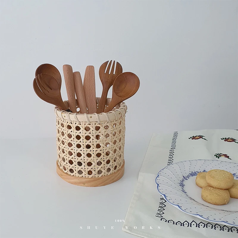 Rattan Chopsticks Storage Handmade Spoon Organizer Holder Pencils Organization 3