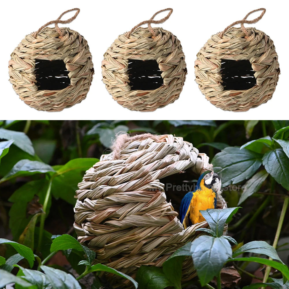 Hummingbird Nest House Birds Nest Bird Cage Hanging Bird House Hand-woven Hung Straw Nest Natural Grass Bird For Garden Patio