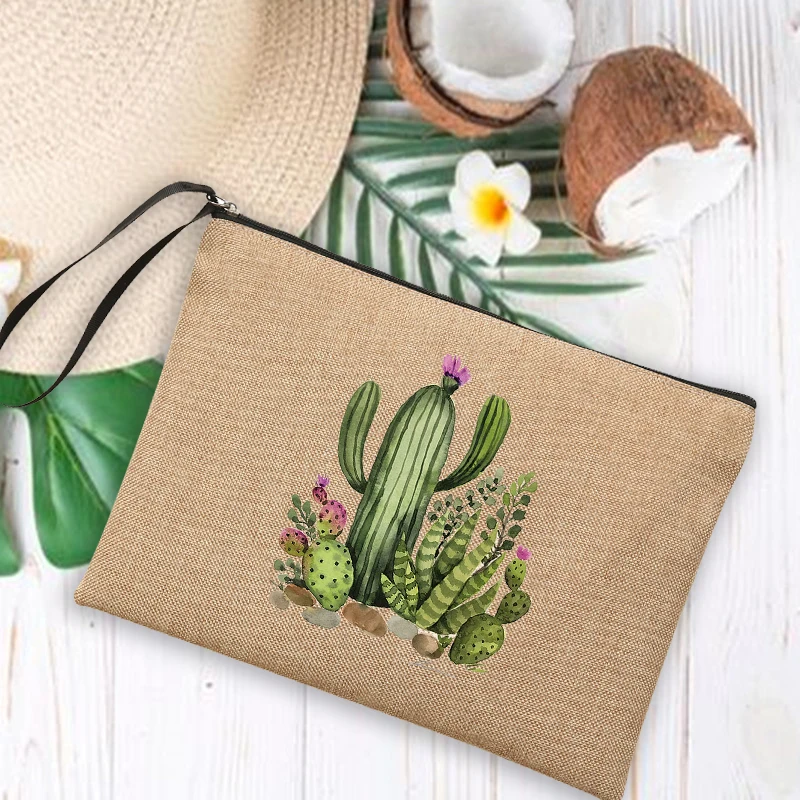 Cactus Print Linen Bag Women Makeup Bags Summer Outdoor Beach Handbags Female Cosmetic Storage Pouch Travel Wash Organizer Gifts 3