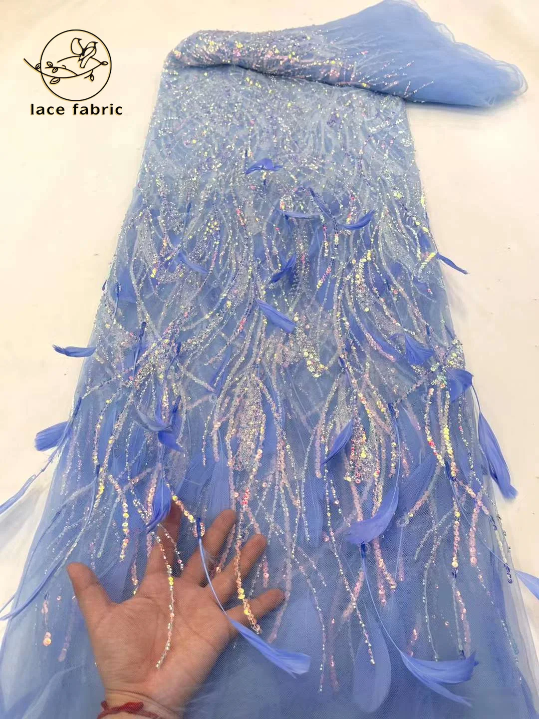 African Lace Fabric Sequins Mesh Lace France 3D Feather Embroidered Tulle Fabric For Asoebi Sewing