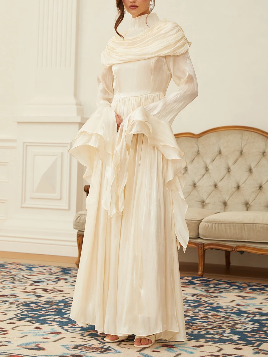 VGH Solid Evening Banquet Dress for Women Stand Collar Long Sleeve Spliced  Shawl Folds Elegant Luxurious Dresses Female Autumn - AliExpress 200000345