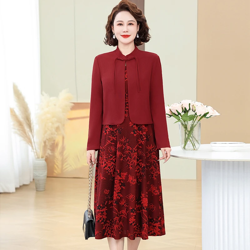Modelyn Ladies' Random Printed Shawl Coat Dress Two-Piece Suit 2 Piece Set