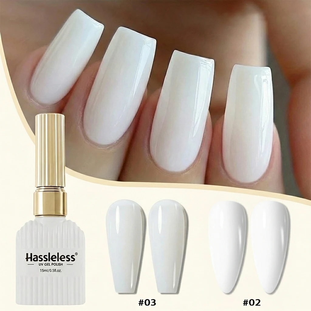 Hassleless 2pcs 세트 퓨어 화이트 + 오프 화이트 네일 젤 15ml 탈착식 LED 네일 젤 폴리쉬 네일 아트 도구 패션 네일 홈 살롱