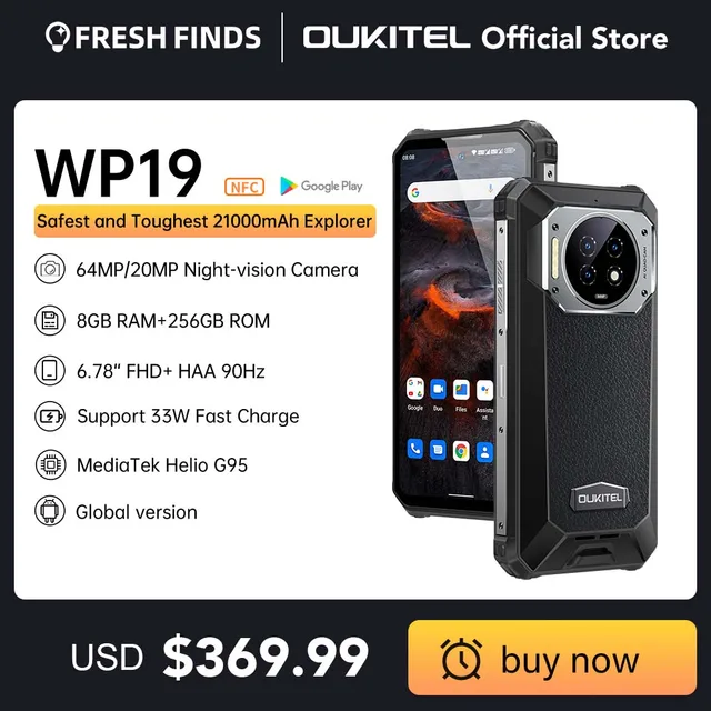 Oukitel WP19 Rugged Night Vision Smartphone, Cell Phone, Mobile Phone, 21000 mAh, 8 GB, 256 GB, 64M Camera, 90 Hz Helio G95 1