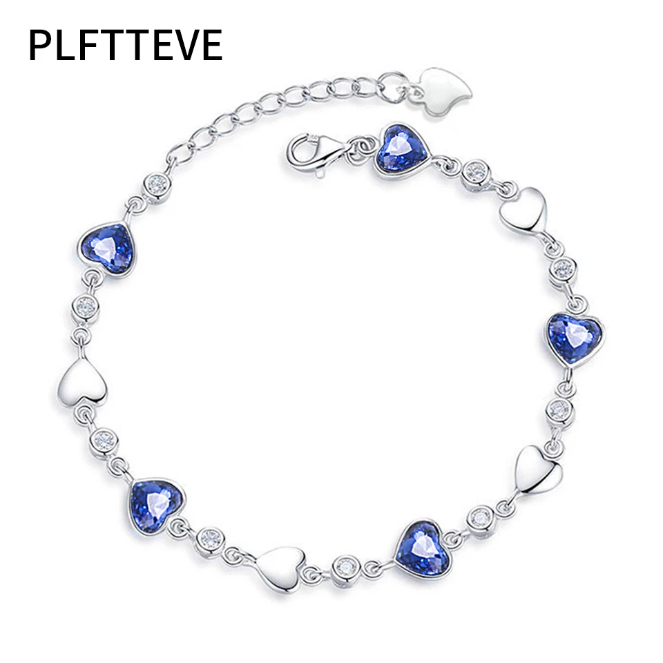 Blue Zircon Heart Bracelets For Women Silver Color Chain Link Bracelet