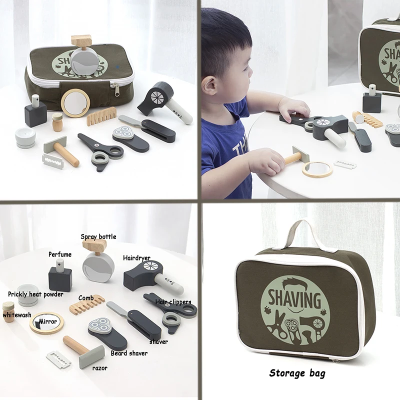 Wooden Makeup Haircut Toy Beauty Fashion Salon Playset Games Combs Hair Dryer Pretend Play House Barber Makeup Kit for Kids