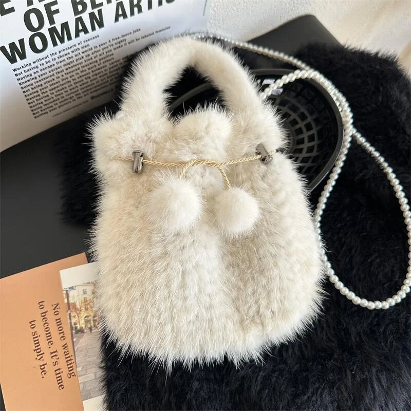 High Quality Natural Luxury Mink Women's Round Bucket Bag Large Capacity Crossbody Bag Stylish Women's Charm Leather Handbag