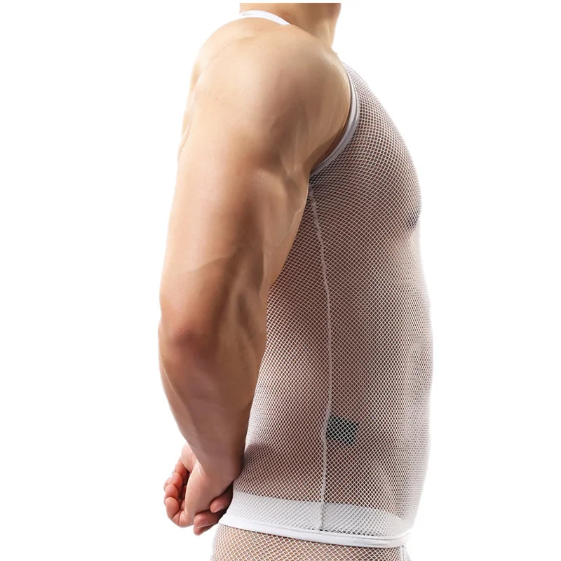 Sexy Mens Undershirts Underwear Tank Tops Breathable See Through Mesh Sleeveless Shirt T-shirts Slim Fitness Vest Men Homewear