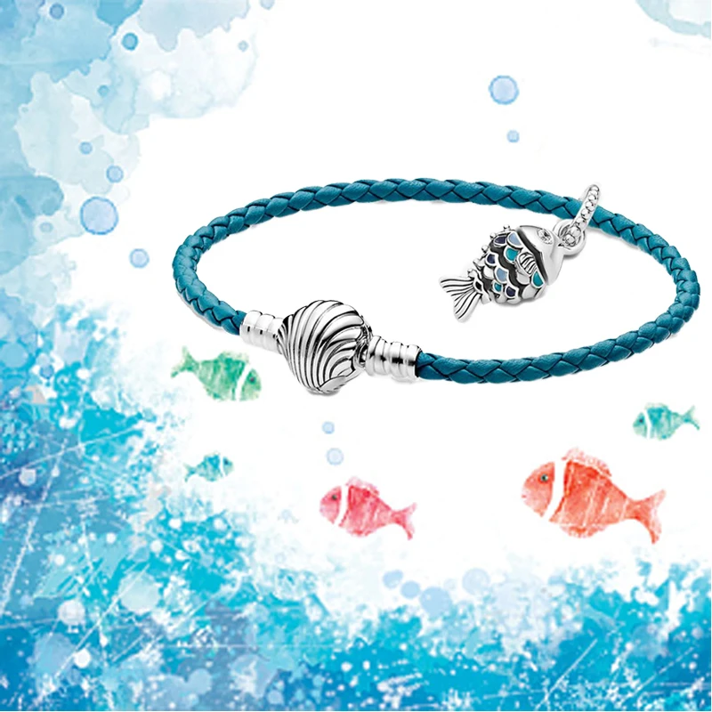 

2021 Summer S925 Fashion Hot Sale Exquisite Blue-scale Swimming Fish Cute Strap Seashell Buckle Woven Leather Bracelet Set