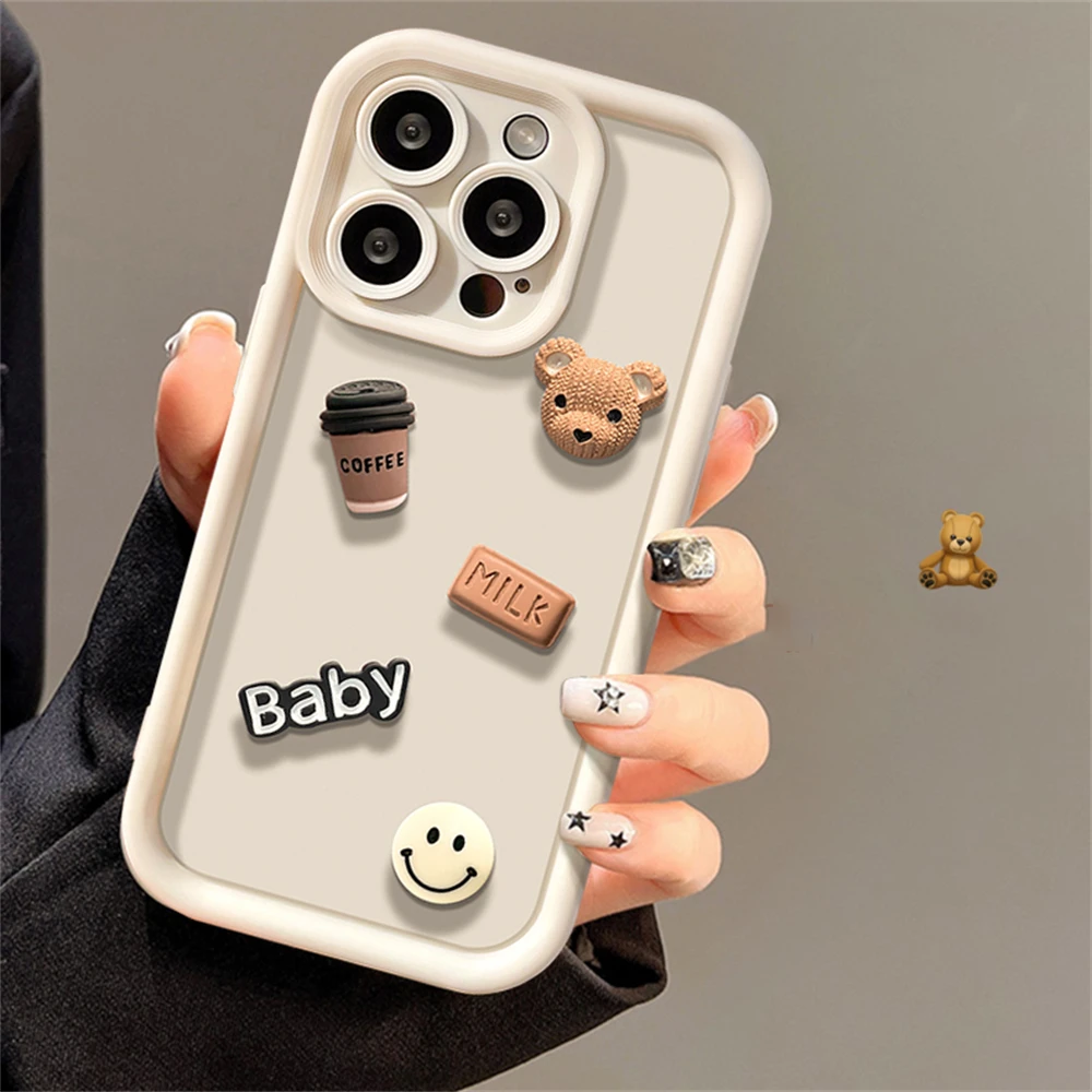 thumbnail image 1 of Korean Cute Cartoon 3D Coffee Bear Phone Case For iPhone 15 14 13 12 11 Pro Max X XR Soild Color Silicone Shockproof Soft Cover, 1 of 5